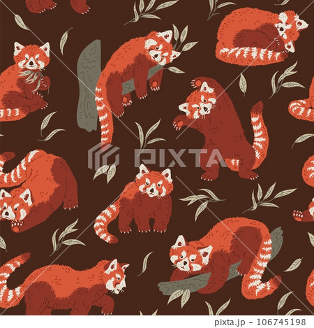 Seamless vector pattern of cute red panda in different poses with bamboo branches and leaves, Cartoon animal style 106745198