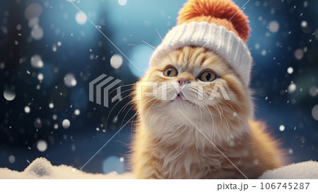 冬の夜の雪の中で遊ぶ猫 AI画像のイラスト素材 [106745287] - PIXTA