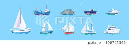 Yacht and Boat Sailing in Blue Sea Water Vector Set 106745366