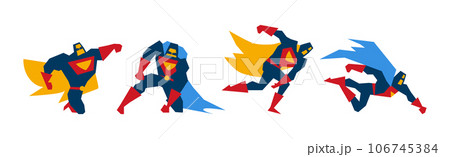 Superhero Muscled Man in Mask and Cape in Different Pose Vector Set Superhero Muscled Man in Mask and Cape in Different Pose Vector Set 106745384