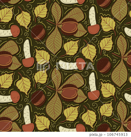 Hand drawn pattern with boletus and chestnut leaf 106745913