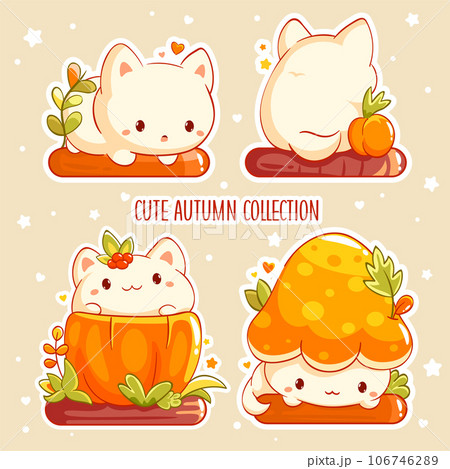 Hello autumn. Set of little kitty in kawaii style. Tiny baby cat in multiple poses. Cute kitten expression sheet collection. Can be used for t-shirt print, sticker, greeting card 106746289