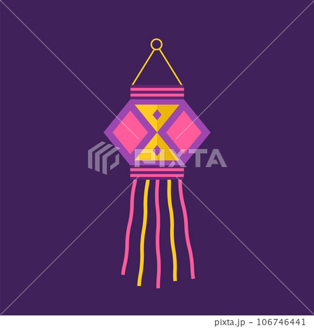 Diwali sky lantern. Indian festival of lights icon. Colorful deepavali sign on purple background. Vector illustration in flat cartoon style 106746441