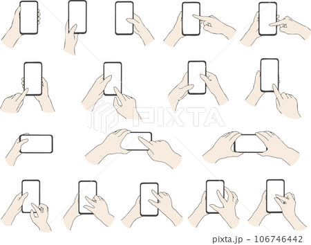 スマホを操作する手、横画面で動画見る手、スクロールする手（画面透明） 106746442