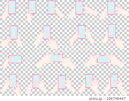 スマホを操作する手、横画面で動画見る手、スクロールする手（ピンク） 106746447