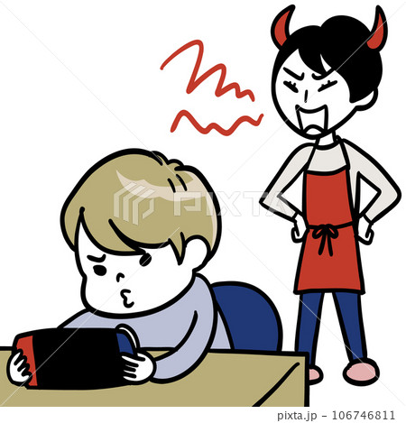 ゲームをやる子供の後ろで鬼の形相になって怒鳴る母 106746811