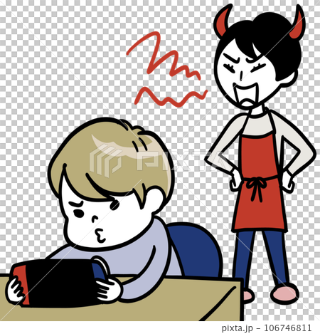 ゲームをやる子供の後ろで鬼の形相になって怒鳴る母 106746811