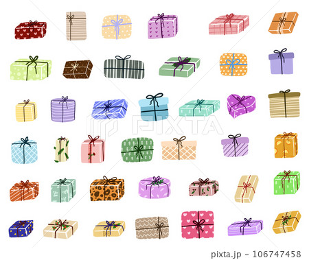 Gift box cartoon set icon. Christmas gifts, New Year presents. Holiday presents wrapped in festive paper wrapping, decorated with ribbon bows, strings and twines. 106747458