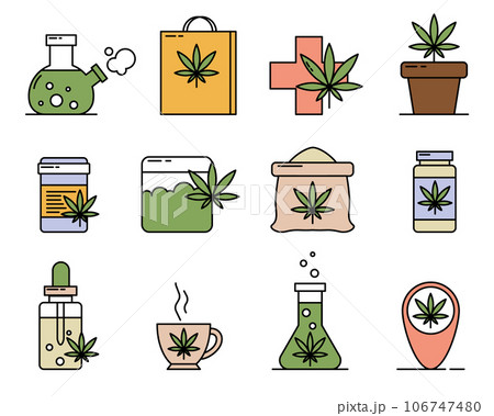 Medical marijuana. Cannabis related line icon set. Cannabidiol linear icons. Marijuanas outline vector signs and symbols. Vector illustration EPS10 Medical marijuana. Cannabis related line icon set. Cannabidiol linear icons. Marijuanas outline vector signs and symbols. Vector illustration EPS10 106747480