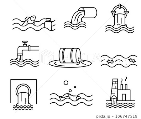 Waste water and sewage line icon set. Pollution line icon. Water treatment icon set. Editable stroke. Waste water and sewage line icon set. Pollution line icon. Water treatment icon set. Editable stroke. 106747519