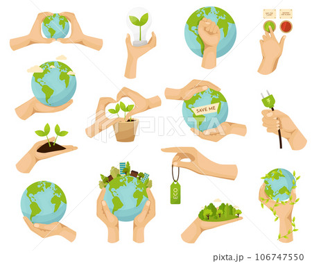 Save planet hands. Cartoon human hands hold different ecological symbols and elements, environment protection signs. Protection with Hand Taking Care of Green Planet Vector Set 106747550