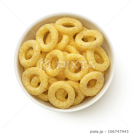 Corn onion rings in bowl isolated on white background, top view Corn onion rings in bowl isolated on white background, top view 106747943