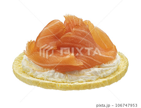 Puffed corn cake with salmon slices isolated on white background 106747953