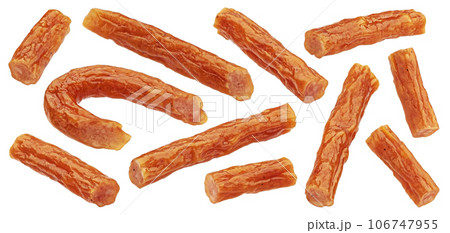 Chopped Kabanos. Long and thin smoked sausage isolated on white background 106747955