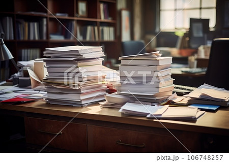 山積みの本と散らかったデスク　AI生成画像　AI画像 106748257