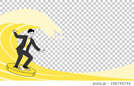 一位年輕商人在美元日元硬幣上沖浪的插圖，矢量圖 106748748