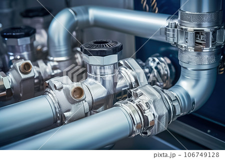 Valve in an industrial pipeline. Interweaving of large diameter pipes in production. 106749128