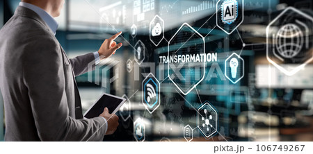 Businessman selecting Transformation. Background for presentations Businessman selecting Transformation. Background for presentations 106749267