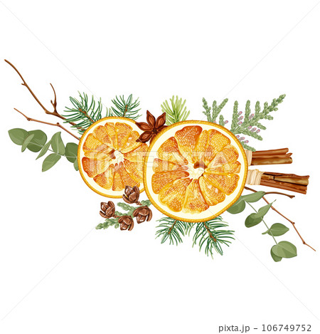 Christmas decorations with dried orange, spruce, thuja, cinnamon, fir, anise. The aroma of bouquets. 106749752