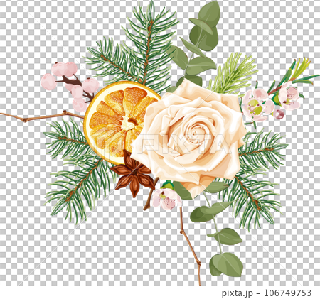 Christmas decorations with dried orange, spruce, rose, fir, anise. The aroma of bouquets. Christmas decorations with dried orange, spruce, rose, fir, anise. The aroma of bouquets. 106749753