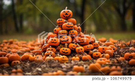 Big pile of small orange Halloween pumpkins stacked outside on a sunny day. Heap of cute little Halloween pumpkins lying on the ground on a blurred background. 106749979