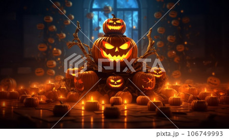Halloween pumpkins surrounded by candles at night. Scary Halloween pumpkins on a dark blurred background in a foggy spooky house with candles. Jack-o-lanterns with scary faces in a dark room. Halloween pumpkins surrounded by candles at night. Scary Halloween pumpkins on a dark blurred background in a foggy spooky house with candles. Jack-o-lanterns with scary faces in a dark room. 106749993