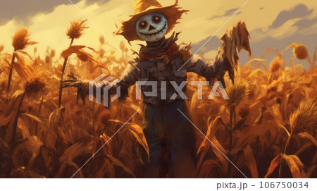 Scary scarecrow standing in the field with a cloudy sky. Halloween scarecrow. Eerie creepy scarecrow in a hat standing in dry field and smiling. Terrifying scarecrow illustration standing in the dark. 106750034