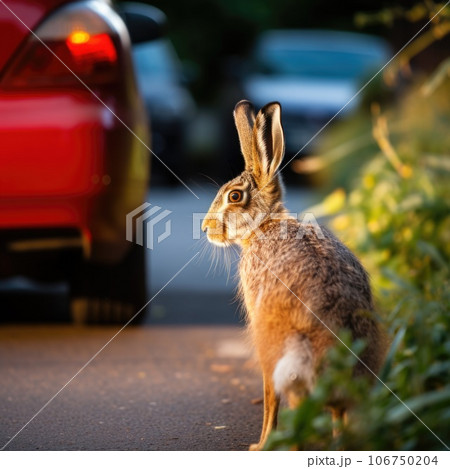 A hare standing in front of a car, AI 106750204
