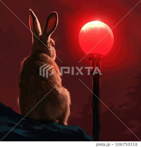 A rabbit sitting on top of a hill looking at a red light, AI 106750318