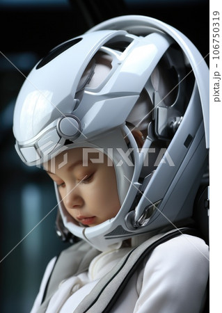 A child wearing a helmet in a car, AI 106750319
