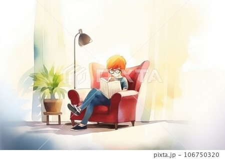 A boy sitting in a chair reading a book, AI 106750320