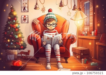 A cartoon boy in a striped shirt and glasses sitting on a chair reading a book, AI 106750321