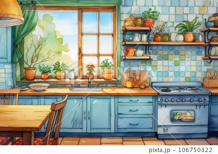 A painting of a kitchen with blue cabinets and a window, AI 106750322