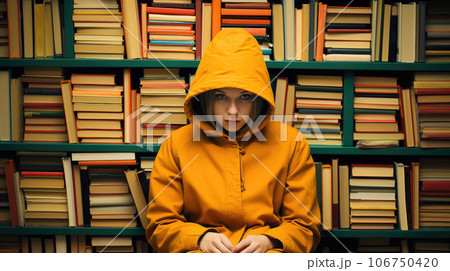 A young woman in a yellow jacket sitting in front of a bookshelf, AI 106750420