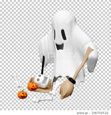 3d halloween day with cute ghost, witch wand, pumpkin, skull, shovel garbage isolated. holiday party, ghost cleans the floor, 3d render illustration 106750518