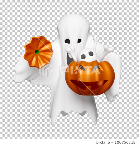 3d halloween day concept with cute ghost holding magic cauldron pumpkin, skull, skeleton isolated. holiday party, 3d render illustration 106750519