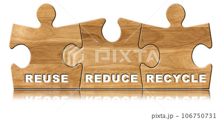 Wooden Puzzle Pieces with Text Reuse Reduce Recycle Isolated on White Wooden Puzzle Pieces with Text Reuse Reduce Recycle Isolated on White 106750731