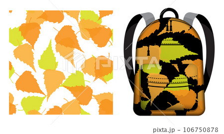 Children school backpack decorated birch leaves silhouettes seamless pattern. Autumn fallen leaves of birch tree. Vector ornament for design of posters and printing on textile Children school backpack decorated birch leaves silhouettes seamless pattern. Autumn fallen leaves of birch tree. Vector ornament for design of posters and printing on textile 106750878