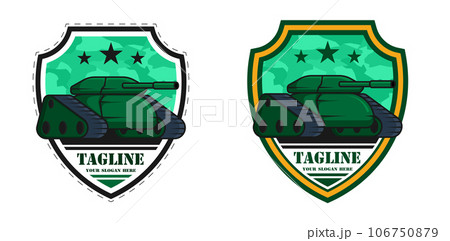 Emblem of a tank forces officer soldier. Combat army track tank with green coloring and long barrel against background of shield shaped chevron. Cartoon vector isolated on white background 106750879