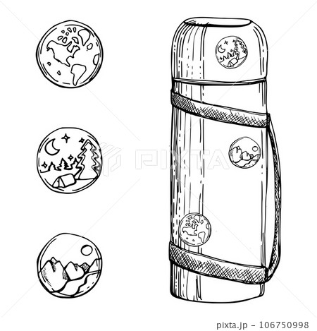 Ink hand drawn vector graphic sketch of isolated object. Travel accessory for tourist, vacuum flask with stickers and pins. Design for tourism, travel, brochure, booklet, guide, print, card, tattoo. Ink hand drawn vector graphic sketch of isolated object. Travel accessory for tourist, vacuum flask with stickers and pins. Design for tourism, travel, brochure, booklet, guide, print, card, tattoo. 106750998