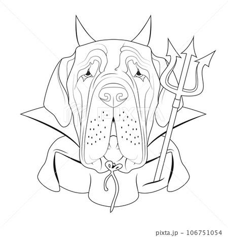 Halloween greeting card for coloring. Neapolitan Mastiff dog dressed as a devil with red horns and cape, and a black and red trident 106751054