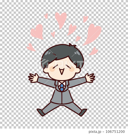 A man in a suit jumping with a smile 106751200