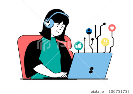 Social media concept with people scene in flat web design. Woman making new post with hashtag, commenting and leaving heart reactions. Vector illustration for social media banner, marketing material. Social media concept with people scene in flat web design. Woman making new post with hashtag, commenting and leaving heart reactions. Vector illustration for social media banner, marketing material. 106751752