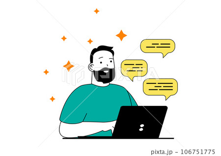 Social media concept with people scene in flat web design. Man chatting with friends at networks and sending messages from laptop. Vector illustration for social media banner, marketing material. 106751775
