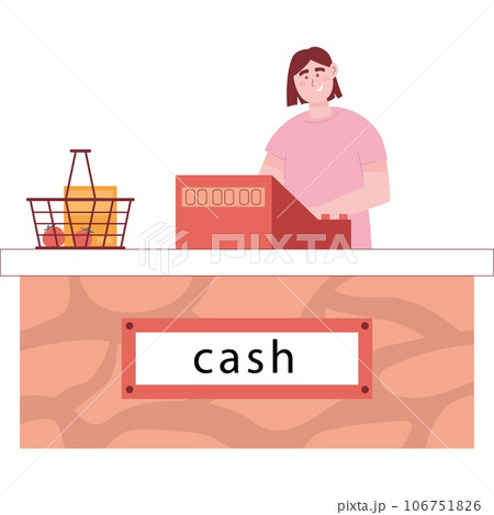 Cashier at counter desk vector shop icon Cashier at counter desk vector shop icon 106751826