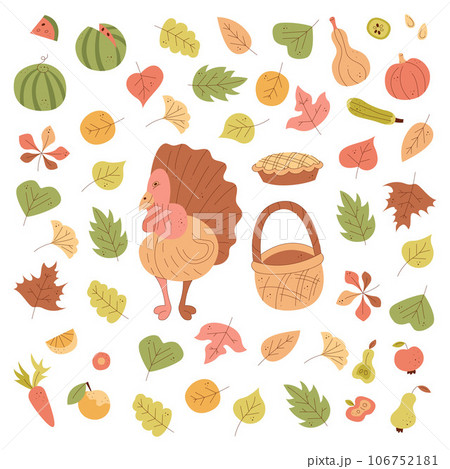 Thanksgiving set with turkey, autumn leaves and vegetables. Color clipart vector illustration. 106752181