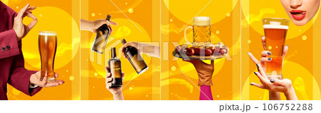Glasses with delicious lager foamy beer over bright yellow background. Contemporary art collage. 106752288