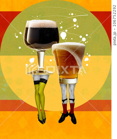 Male and female legs with glasses of foamy beer over colorful background. Contemporary art collage. Male and female legs with glasses of foamy beer over colorful background. Contemporary art collage. 106752292