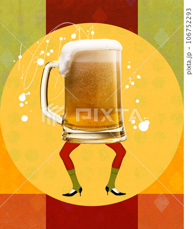 Legs with mug of foamy lager beer over colorful background. Dance and leisure. Contemporary art collage. Legs with mug of foamy lager beer over colorful background. Dance and leisure. Contemporary art collage. 106752293