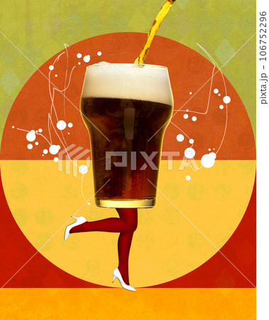 Female legs in heels with glass of dark foamy beer over colorful background. Contemporary art collage. Female legs in heels with glass of dark foamy beer over colorful background. Contemporary art collage. 106752296
